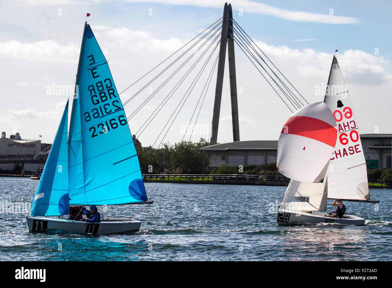 Southport, Merseyside, UK. 13th September, 2015. The Southport 24 Hour Race is a national sailing endurance race for two-handed sailing dinghies, with 63 Firefly, Lark, Enterprise and GP 14 boats competing. The race, hosted by the West Lancs Yacht Club, has a long history and is usually held in September. The race starts at 12 noon on the Saturday. The contestants then race their dinghies around the marine lake finishing at noon today.  During the hours of darkness, the helm and crew of each dinghy must keep a careful watch for other boats (often capsized).  Credit:  Mar Photographics/Alamy Li Stock Photo