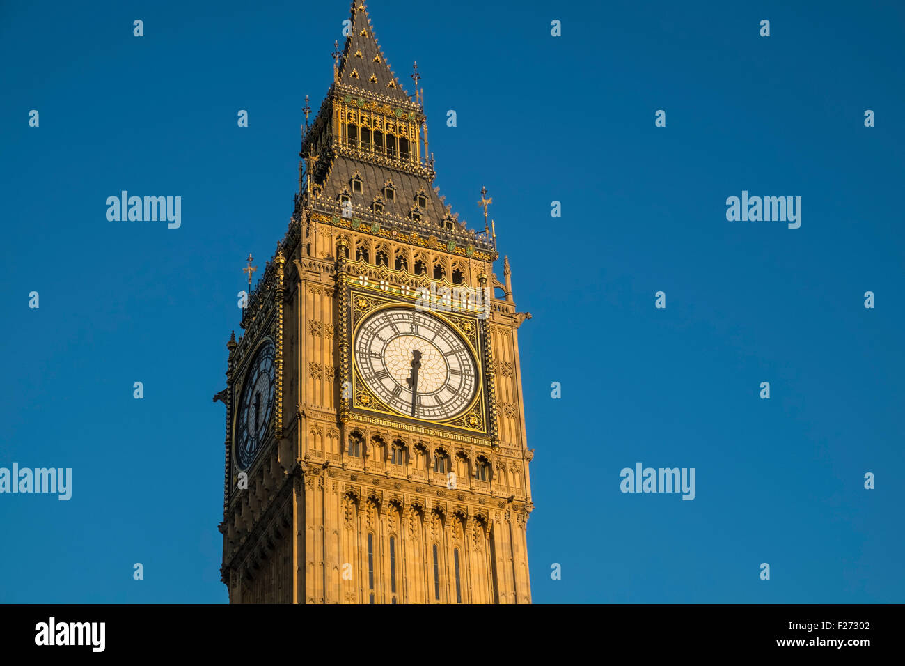 Iconic landmark Big Ben glows in in late afternoon sunshine, London, England, UK Stock Photo