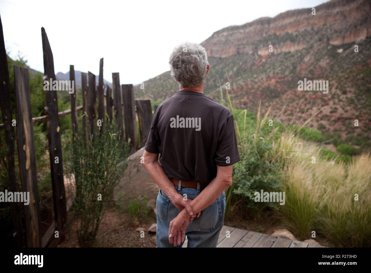 Man looks out at view of mesa in Jemez Springs, New Mexico, USA. Stock Photo