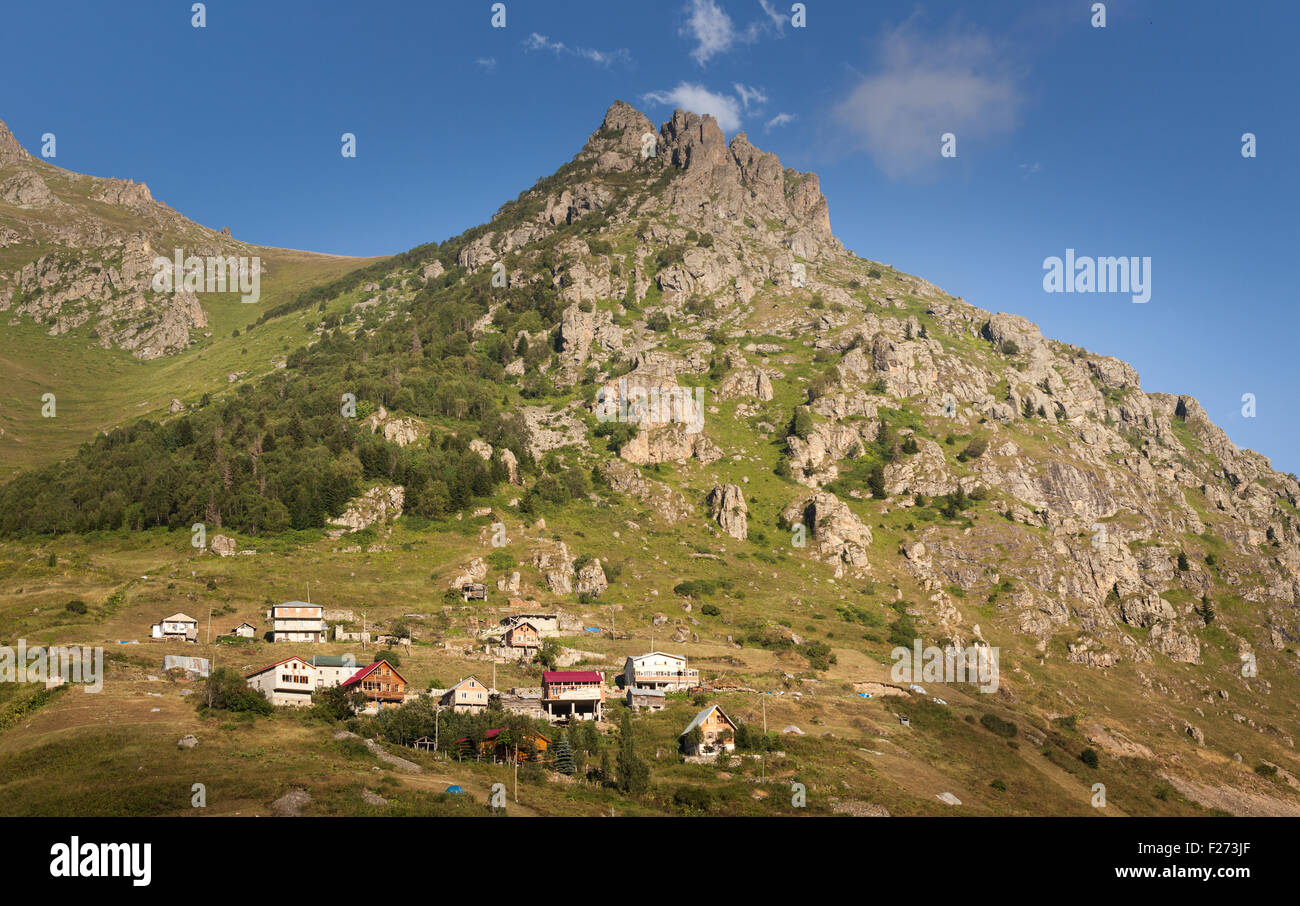 Mountain houses with clouds in Ayder Plateau, Rize, Turkey Stock Photo ...