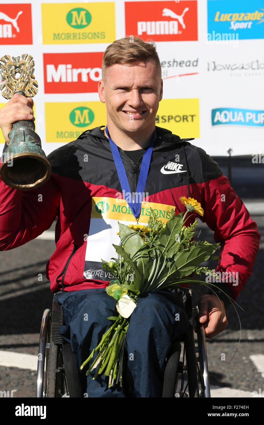 South Shields, UK. 13th Sep, 2015. David Weir celebrates winning the men's wheelchair race at the Great North Run, South Shields, England. The Great North Run is an annual half-marathon. Credit:  Stuart Forster/Alamy Live News Stock Photo