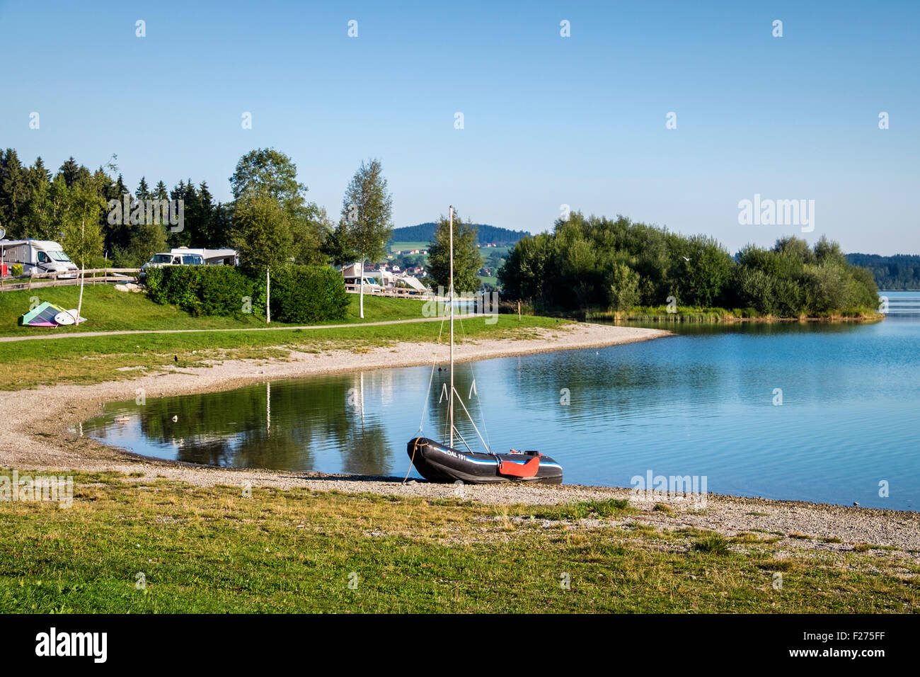 Forggensee lake, Camping site and caravan park, Bavaria, Germany Stock Photo