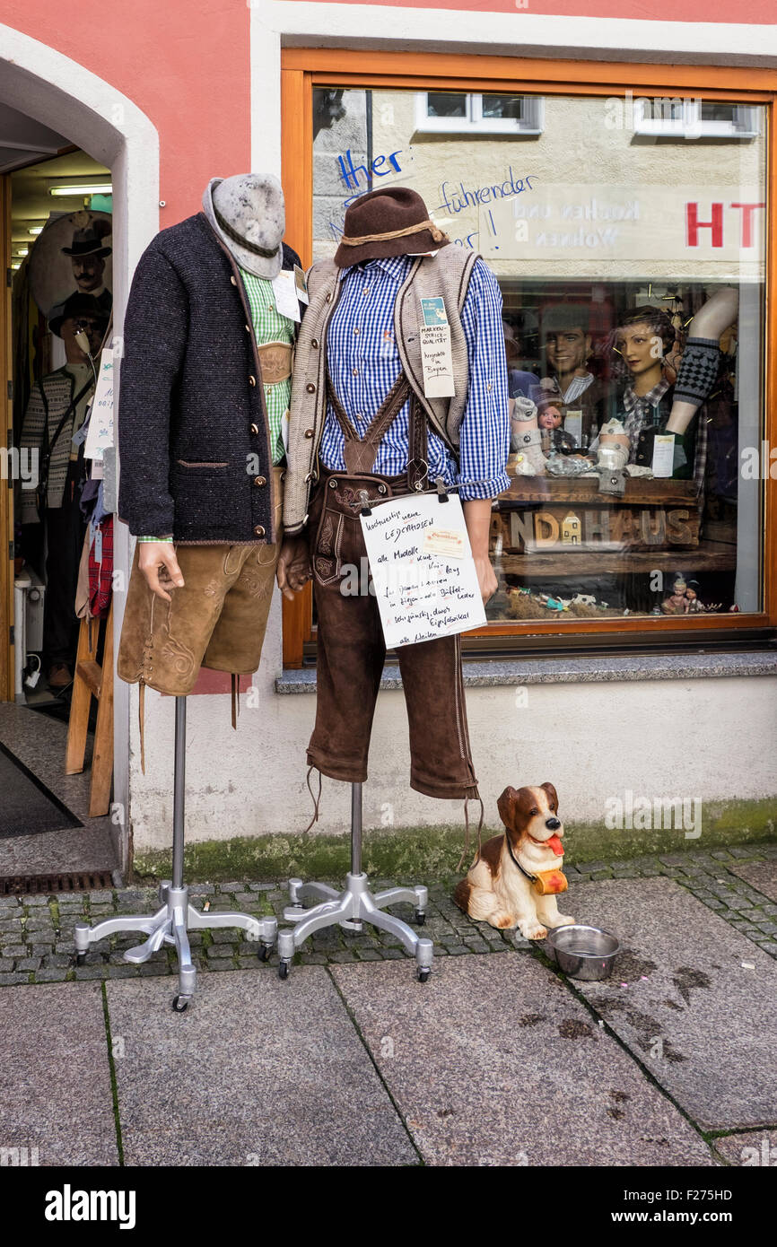 Lederhosen shop selling traditional leather trousers for men and women,  Füssen Town, Ostallgaü, Bavaria, Germany Stock Photo - Alamy