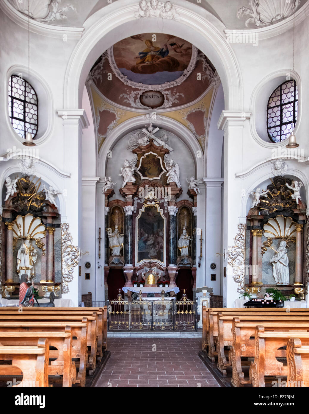 KrippKirche interior, Crib Church of St Nicholas altar. Füssen Town, Ostallgaü, Bavaria, Germany Stock Photo