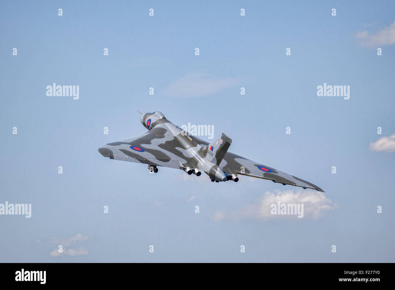 The last flying Avro Vulcan B2 bomber aircraft climbing after takeoff at RIAT 2015, at Fairford, Gloucestershire. Stock Photo
