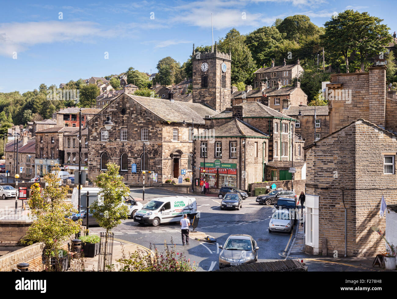 The busy town centre of Holmfirth, West Yorkshire, England, home of the TV programme Last of the