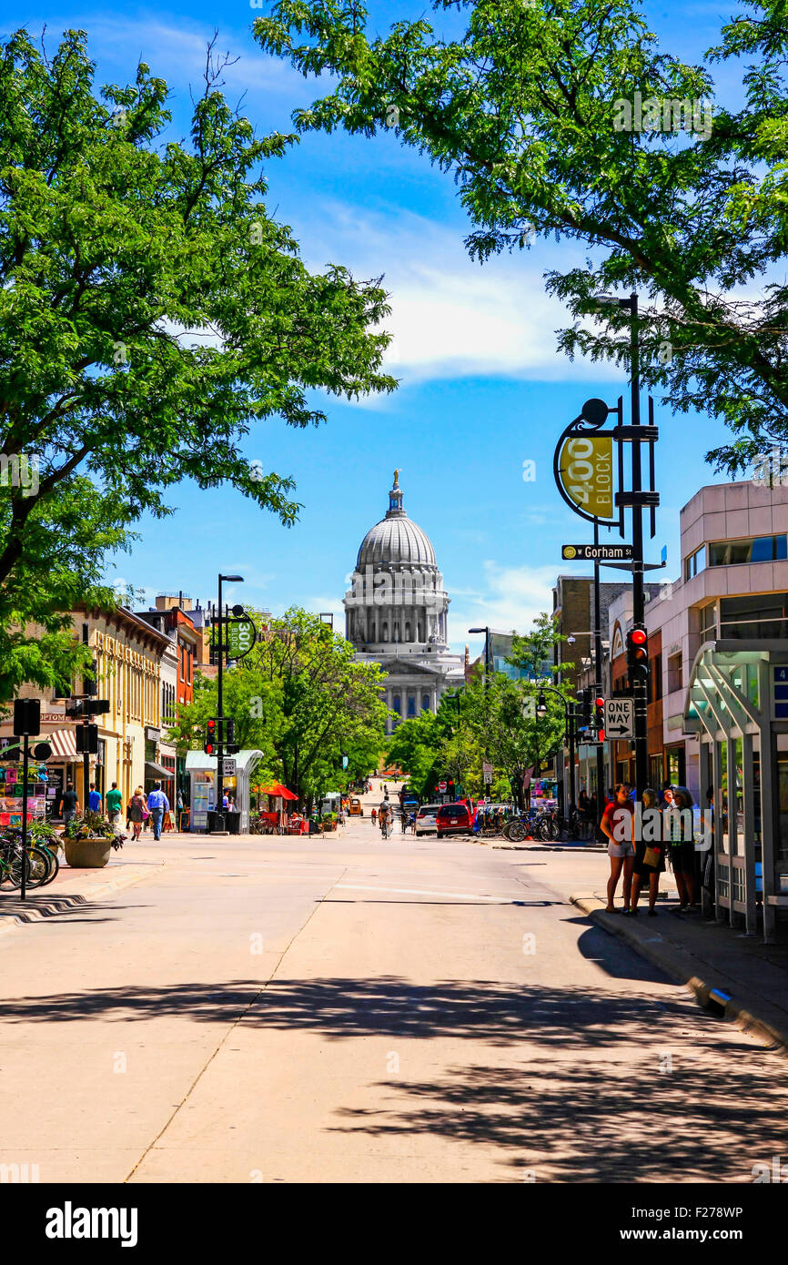 View of State street looking towards the State Capitol building in Madison Wisconsin Stock Photo