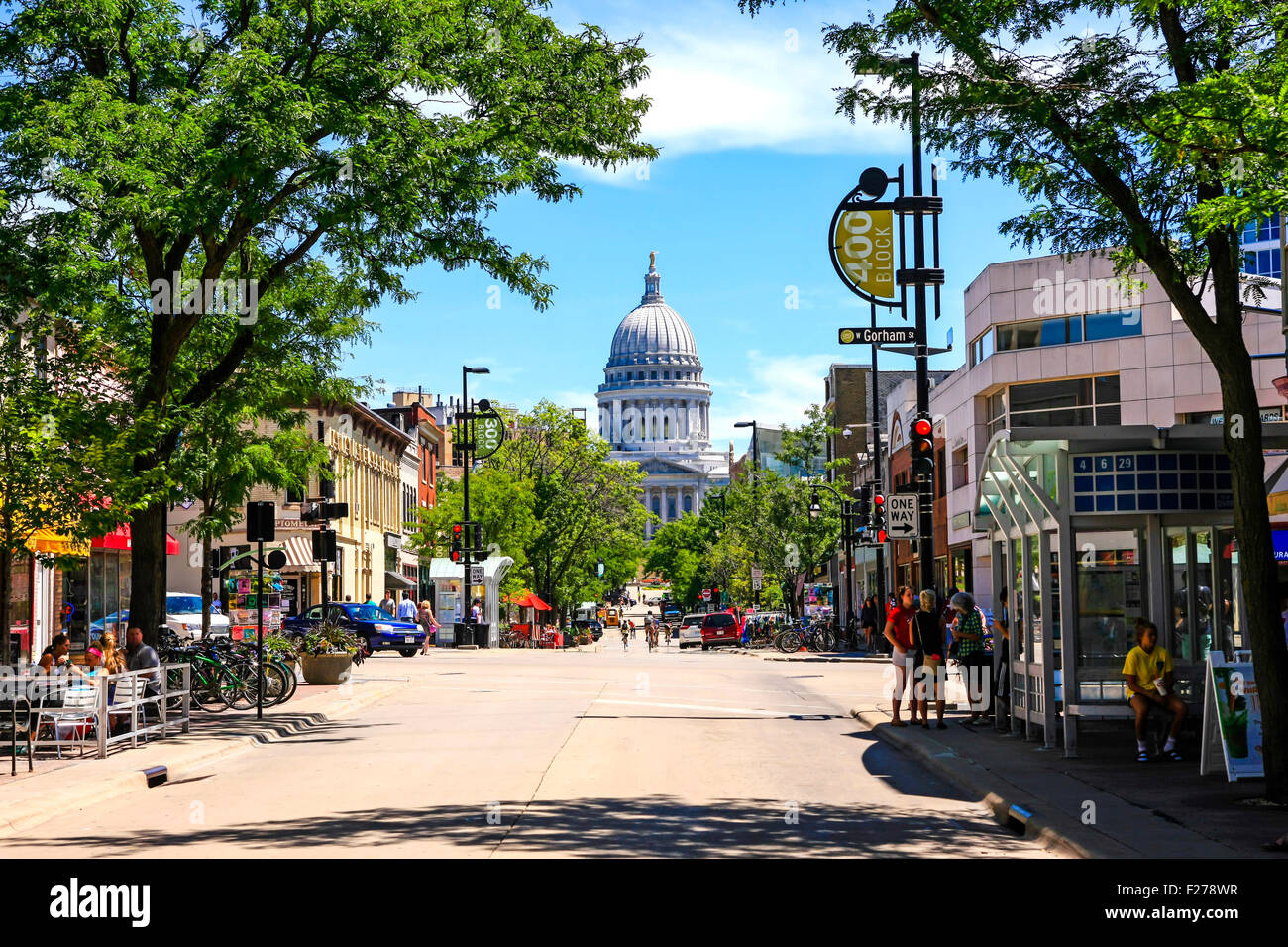 View of State street looking towards the State Capitol building in Madison Wisconsin Stock Photo