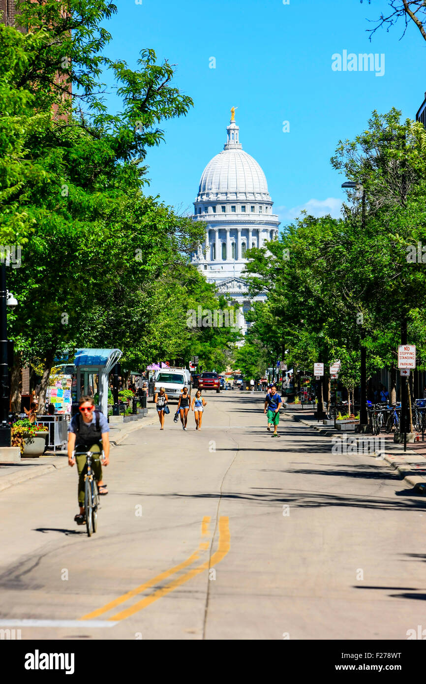 View of State street looking towards the State Capitol building in Madison Wisconsin Stock Photo