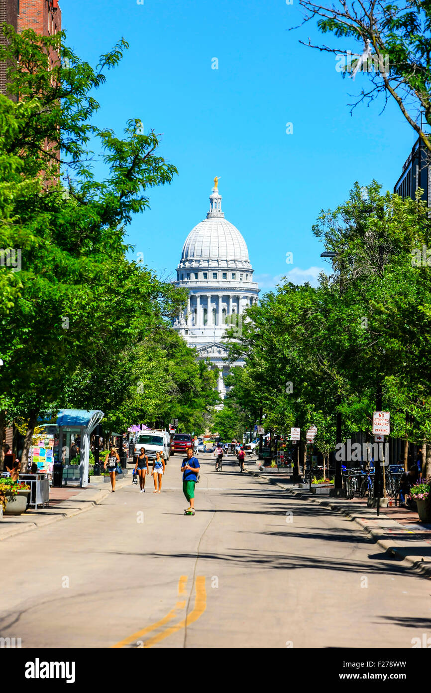 View of State street looking towards the State Capitol building in Madison Wisconsin Stock Photo