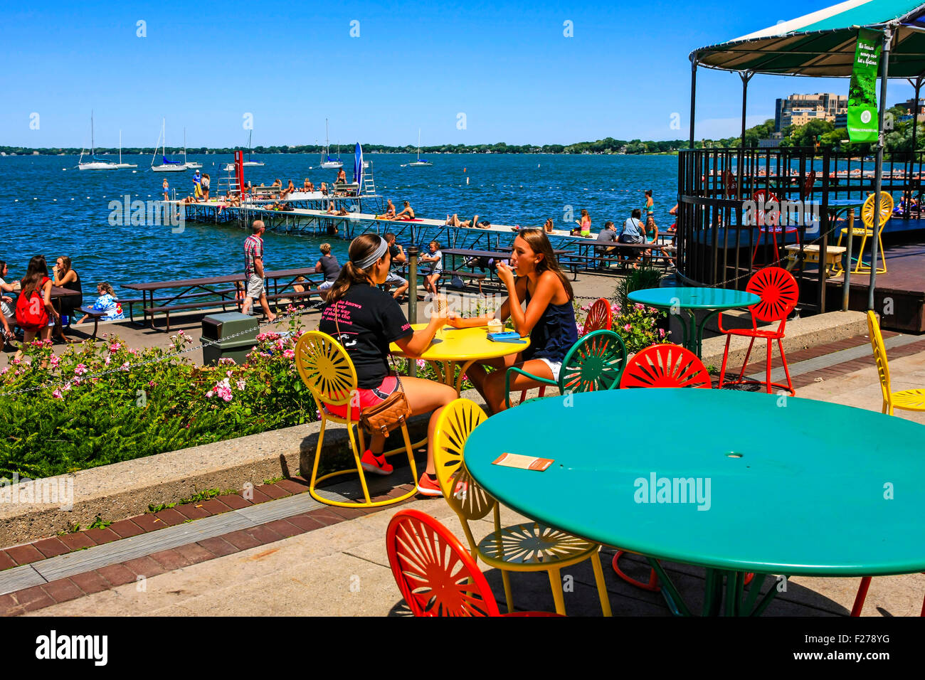 People Enjoying The Summer On The Memorial Union Terrace On The Edge Of Lake Mendota In Madison Wisconsin Stock Photo Alamy