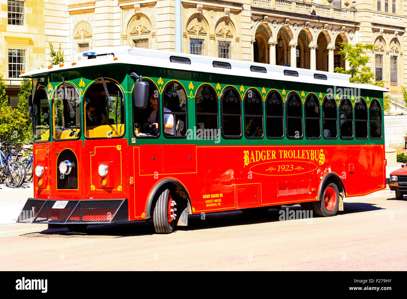 Badgers Trolly bus on the campus of the University of Wisconsin in