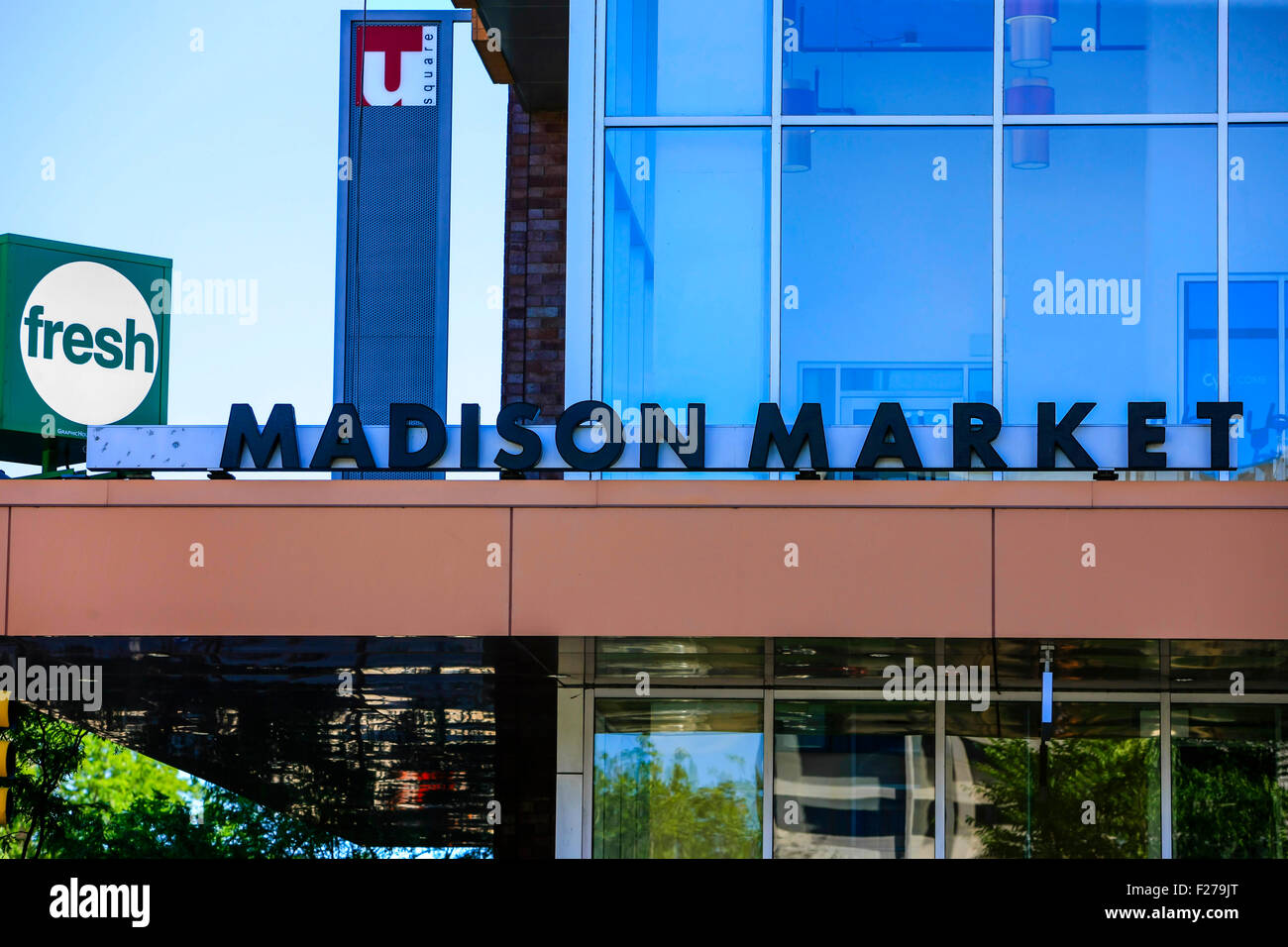 The Fresh Madison Market in downtown Madison city Wisconsin Stock Photo