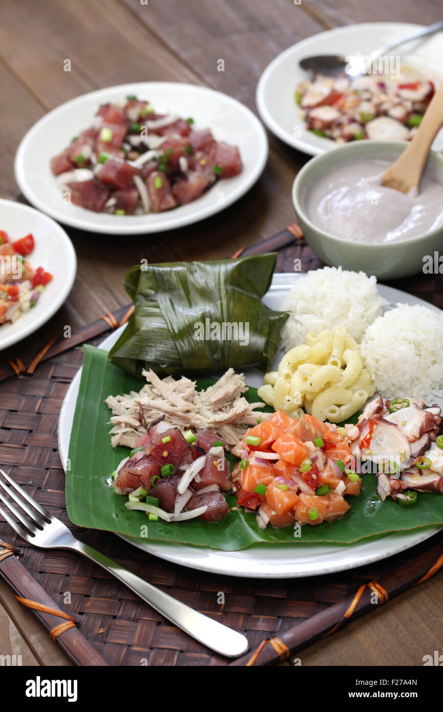 hawaiian traditional plate lunch,ahi poke,lomi lomi salmon,tako poke