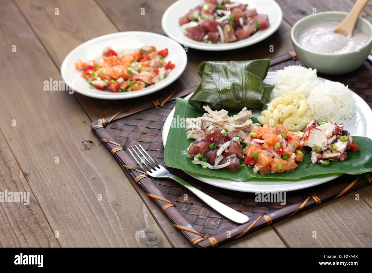 hawaiian traditional plate lunch,ahi poke,lomi lomi salmon,tako poke