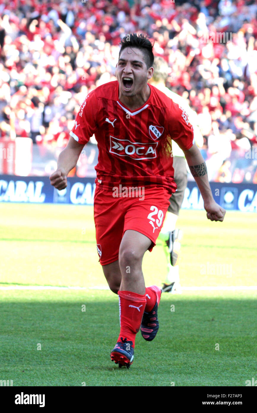 Buenos Aires, Argentina. 12th September, 2015. Martín Benítez of Independiente celebrates his goal in the derby of Avellaneda on Argentinian Soccer Championship round 24th. Credit:  Néstor J. Beremblum/Alamy Live News Stock Photo