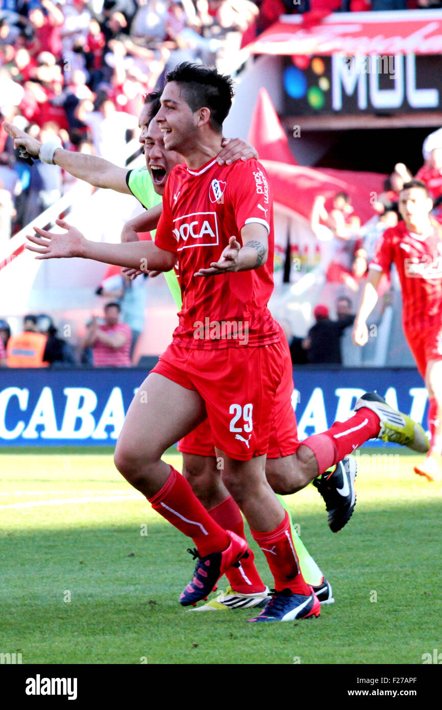 Buenos Aires, Argentina. 12th September, 2015. Martín Benítez of Independiente celebrates his goal in the derby of Avellaneda on Argentinian Soccer Championship round 24th. Credit:  Néstor J. Beremblum/Alamy Live News Stock Photo