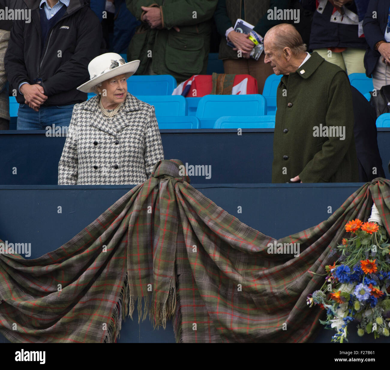 13th September 2015,  Blair Atholl,  Scotland.  HRH Queen Elizabeth II and HRH The Duke of Edinburgh take their seats for the final showjumping session. The Longines FEI European Eventing Championships 2015 Blair Castle. Stock Photo
