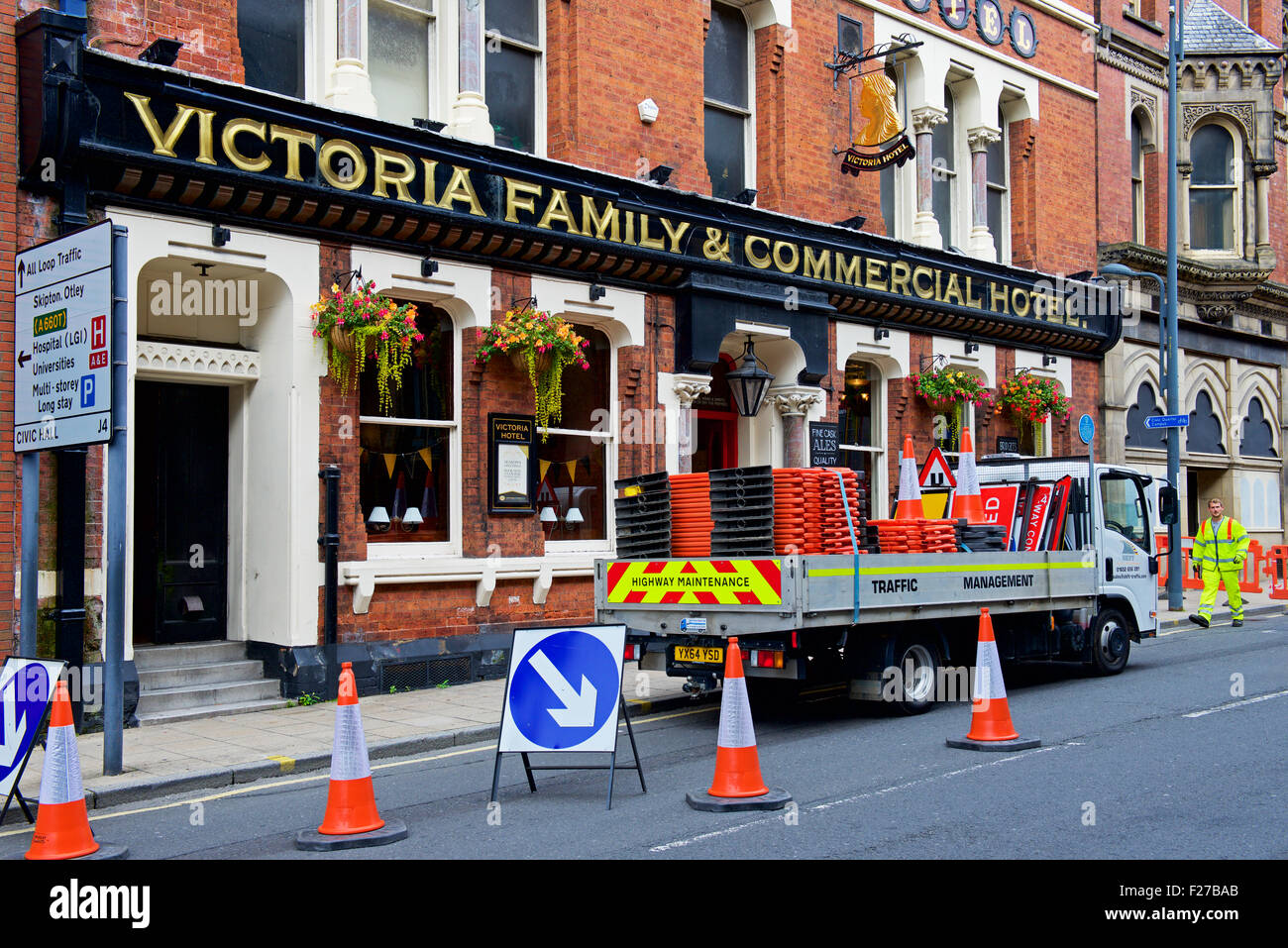Roadworks outside the Victoria pub, Leeds, West Yorkshire, England UK
