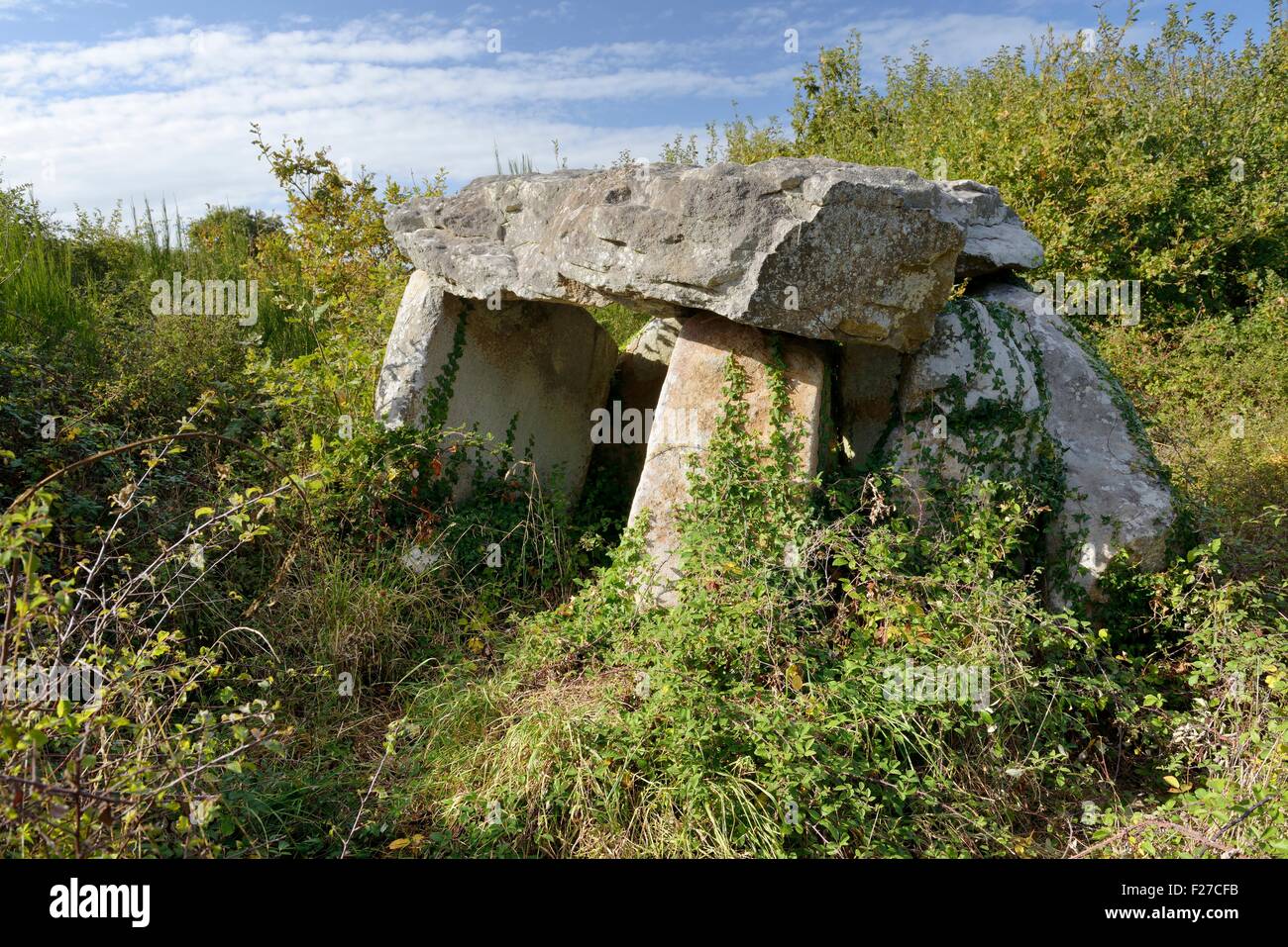 Prehistoric Neolithic dolmen burial chambered tomb of Kercadoret at the top of the Locmariaquer peninsula, Brittany, France Stock Photo