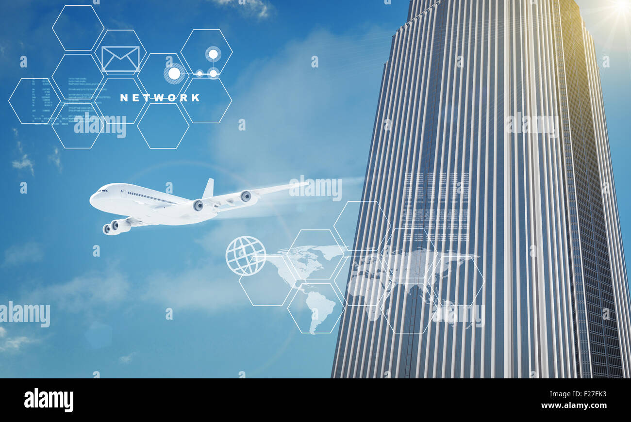 World map with building and icons Stock Photo - Alamy