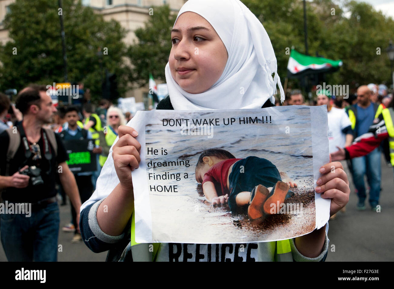 Thousands march through streets of London joining in solidarity with the Refugees crisis 15 September 2015. Stock Photo