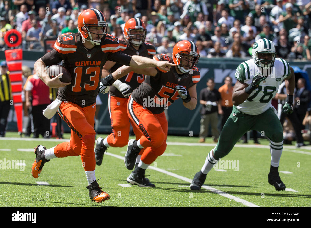 September 13, 2015, Cleveland Browns quarterback Johnny Manziel (2) gets  rid of the ball as New York Jets outside linebacker Quinton Coples (98)  gets him from behind during the NFL game between