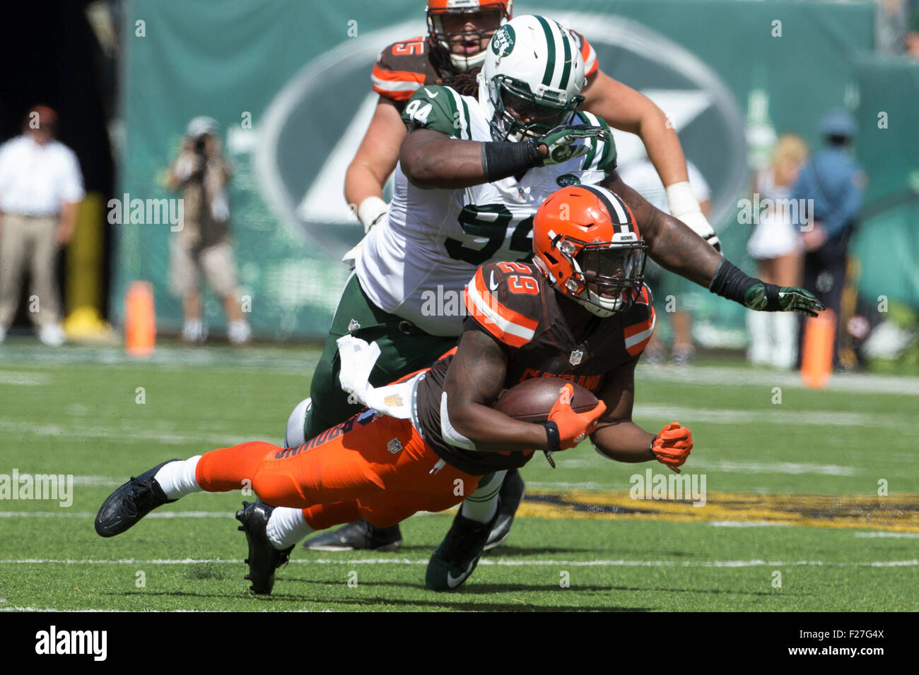 September 13, 2015, Cleveland Browns running back Duke Johnson (29) in action against New York Jets nose tackle Damon Harrison (94) during the NFL game between the Cleveland Browns and the New York Jets at MetLife Stadium in East Rutherford, New Jersey. Christopher Szagola/CSM Stock Photo