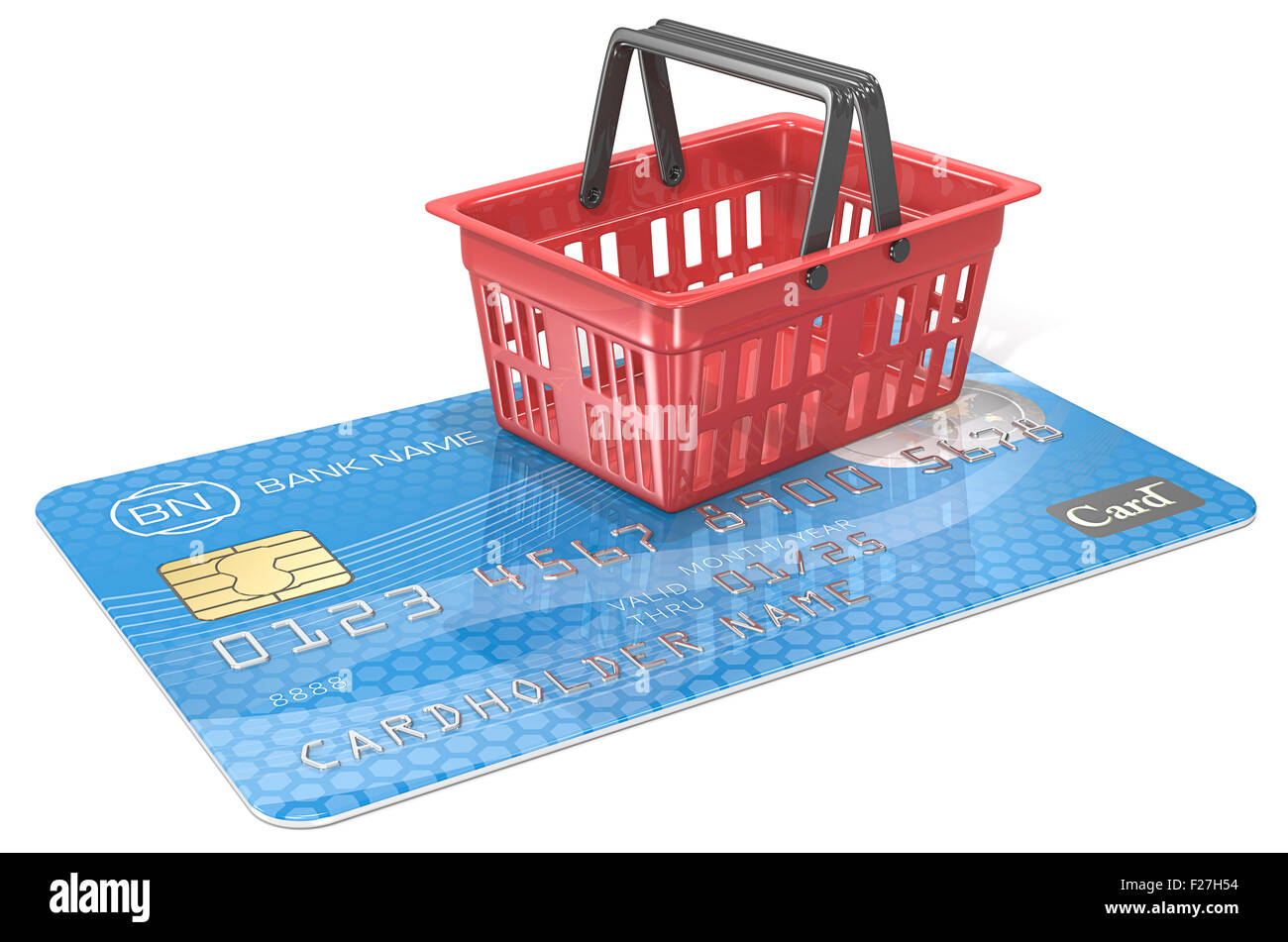 Credit Card with Shopping Basket. Blue and red. Generic name,numbers and logo. Stock Photo