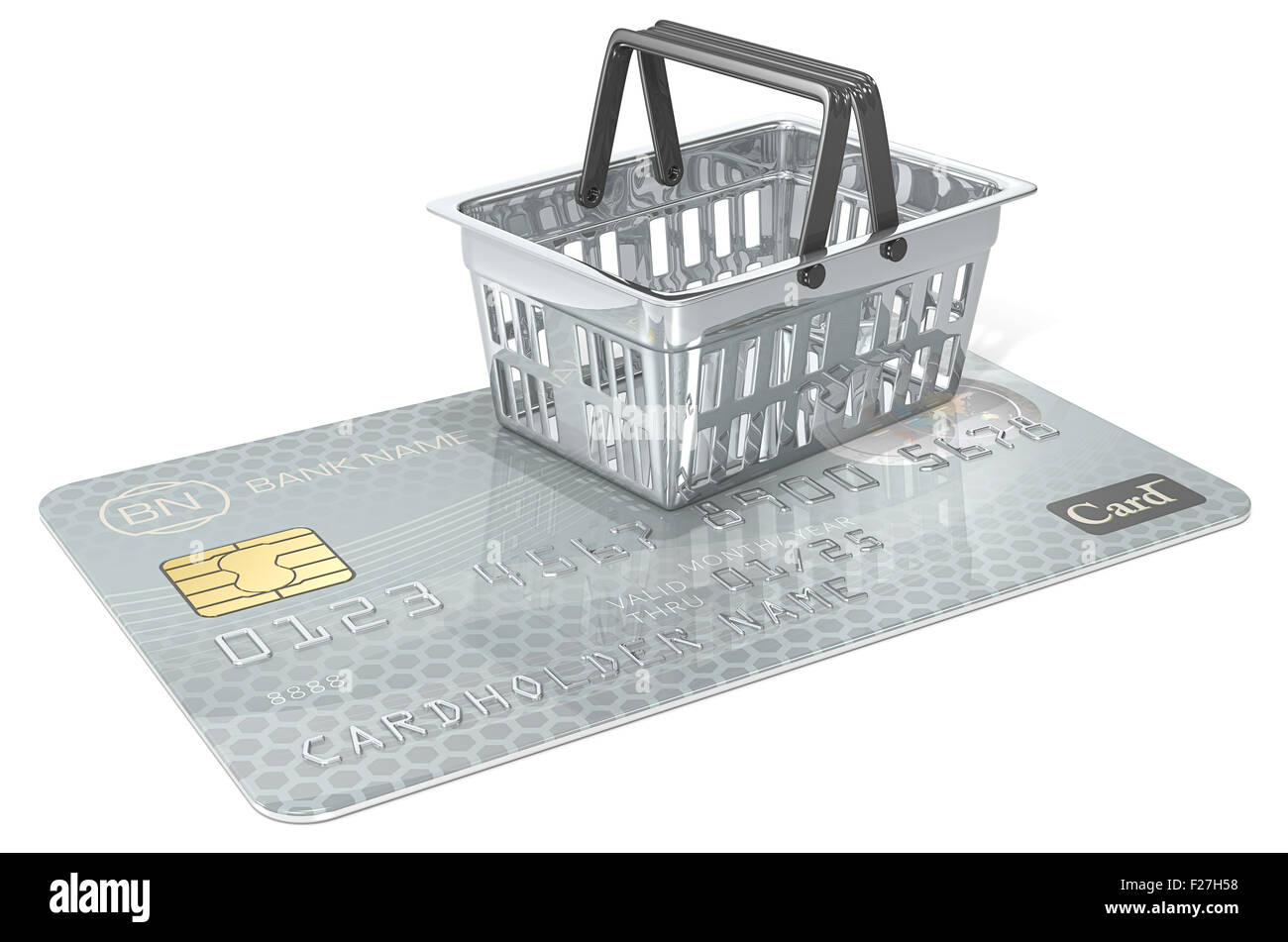 Credit Card with abstract metal Shopping Basket. Generic name,numbers and logo. Stock Photo