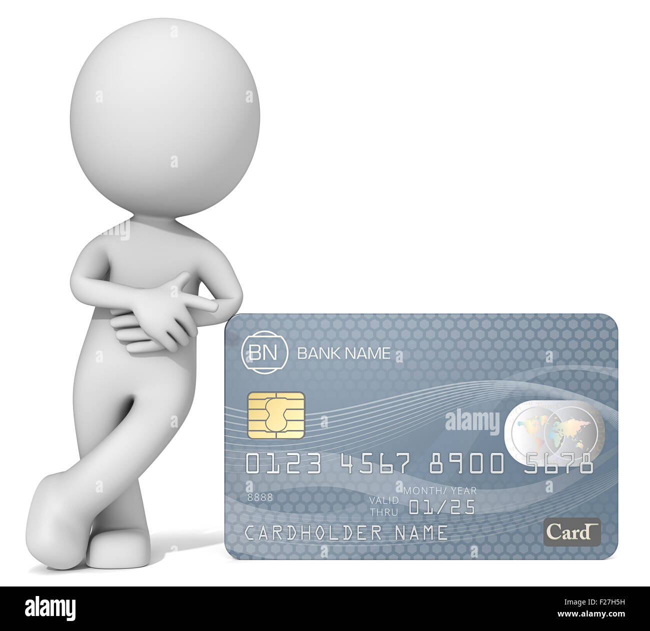 Dude 3D character pointing at Credit Card. Generic name,numbers and logo. Stock Photo