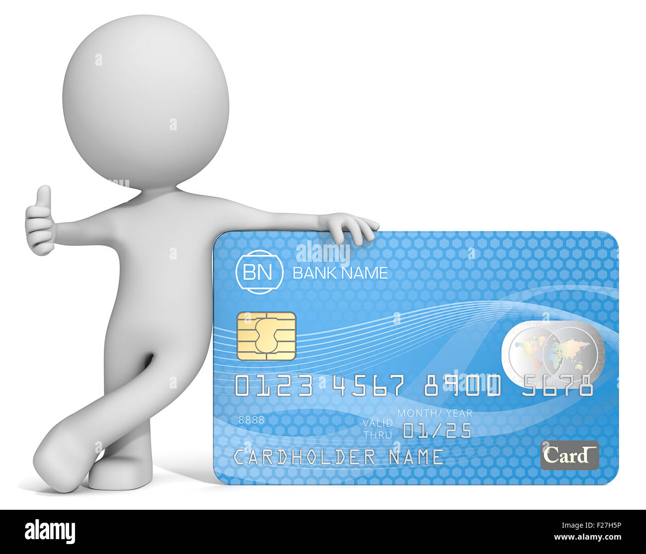 Dude 3D character leaning against blue Credit Card showing thumb up. Generic name,numbers and logo. Stock Photo