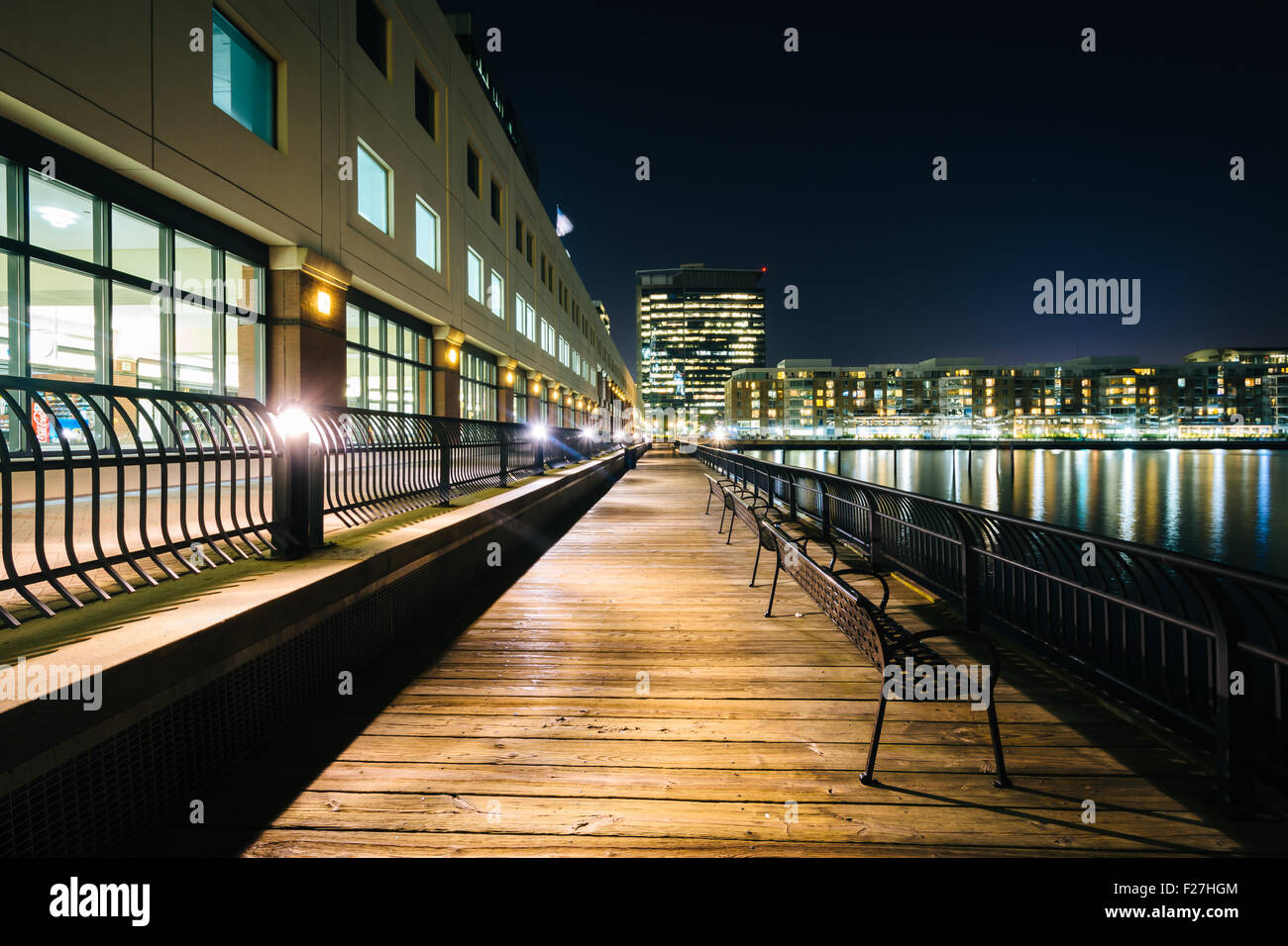 Benches and buildings along a walkway in Jersey City, New Jersey. Stock Photo