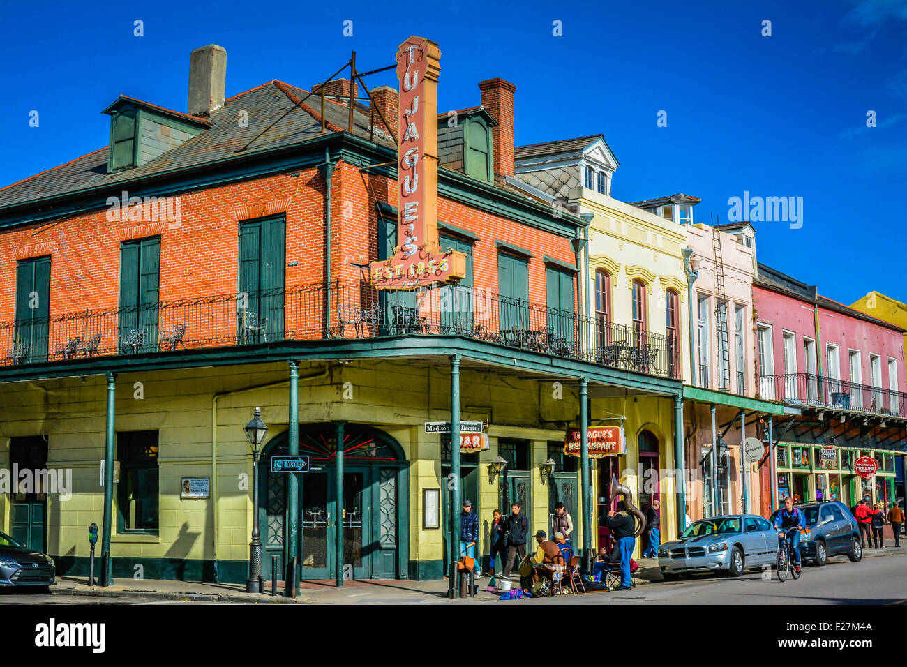 Street musicians entertain on the corner of Madison & Decatur Streets ...