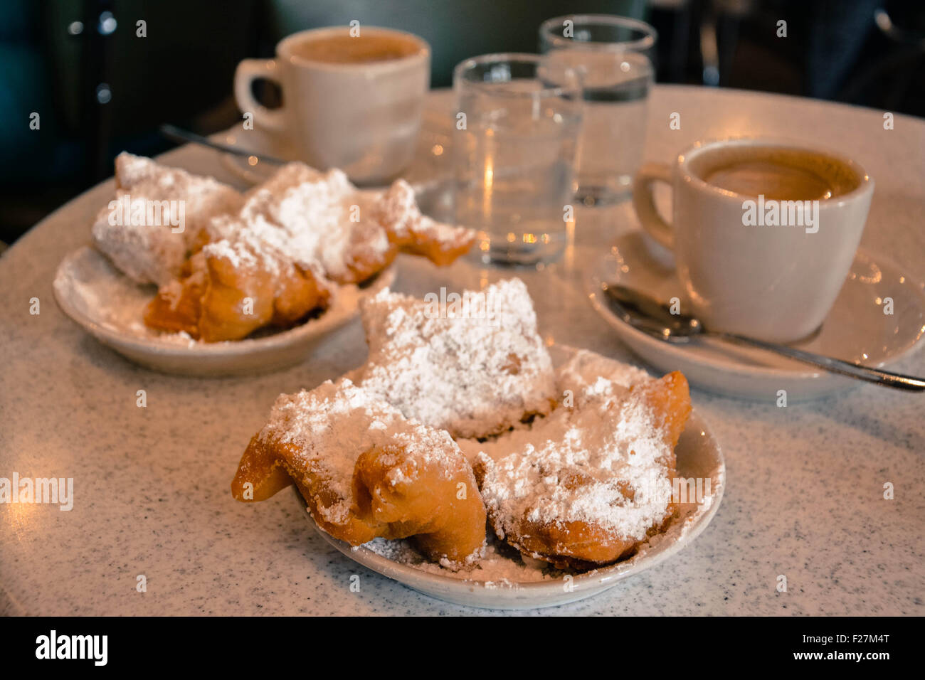 Table tops piled high with with powdered sugar at the famous