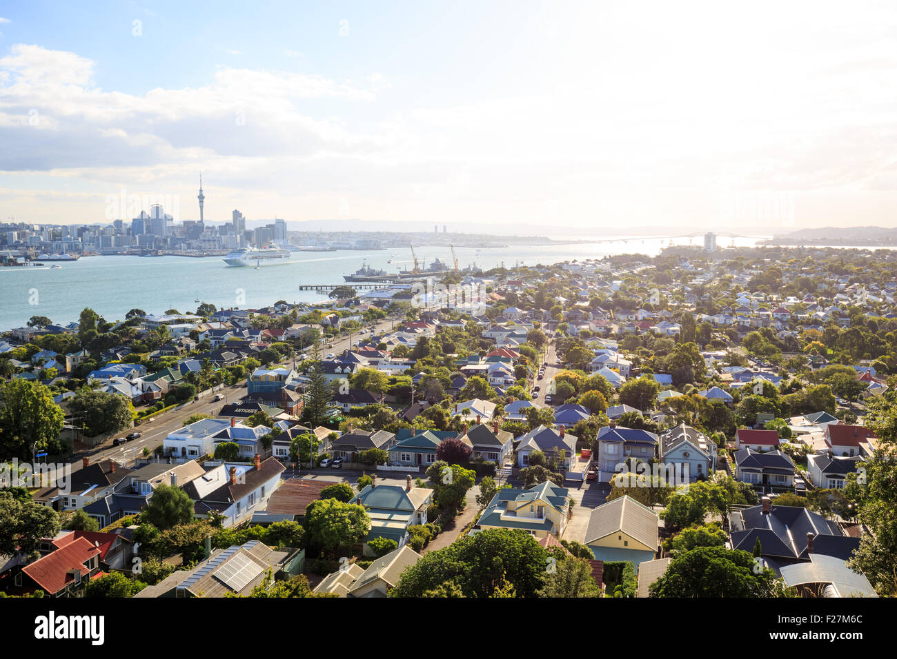The skyline of Auckland seen from the village Devonport, New Zealand Stock Photo