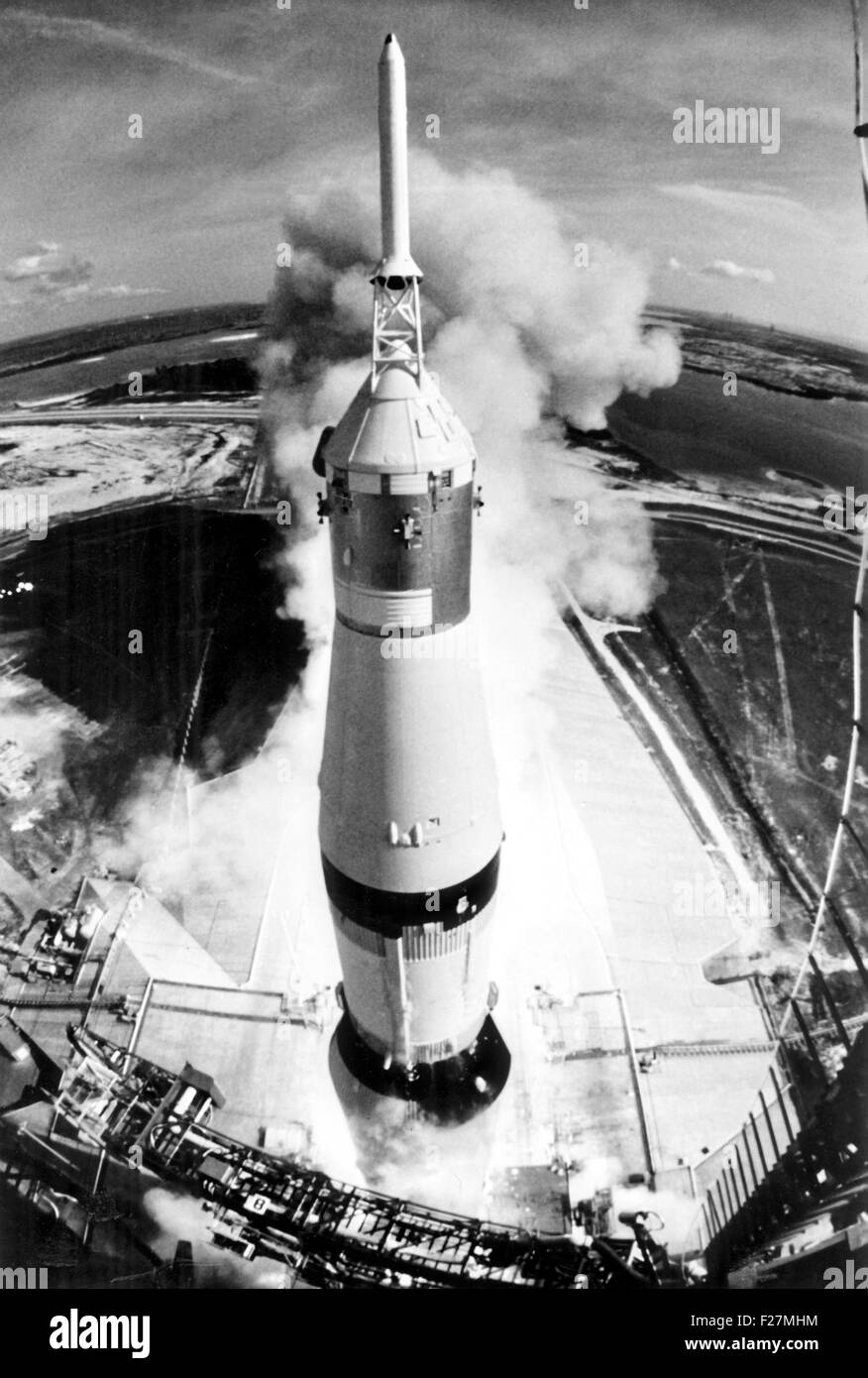The Apollo 11 mission, carried on top the Saturn V rocket lifts off from the Kennedy Space Center July 16, 1969 in Cape Canaveral, Florida. Apollo 11 was the first moon landing mission carrying astronauts Neil A. Armstrong, Michael Collins, and Buzz Aldrin Jr. Stock Photo