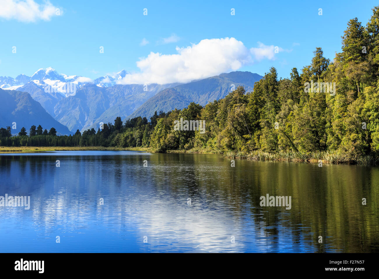 A segment of Lake Matheson and Mount Cook in New Zealand Stock Photo