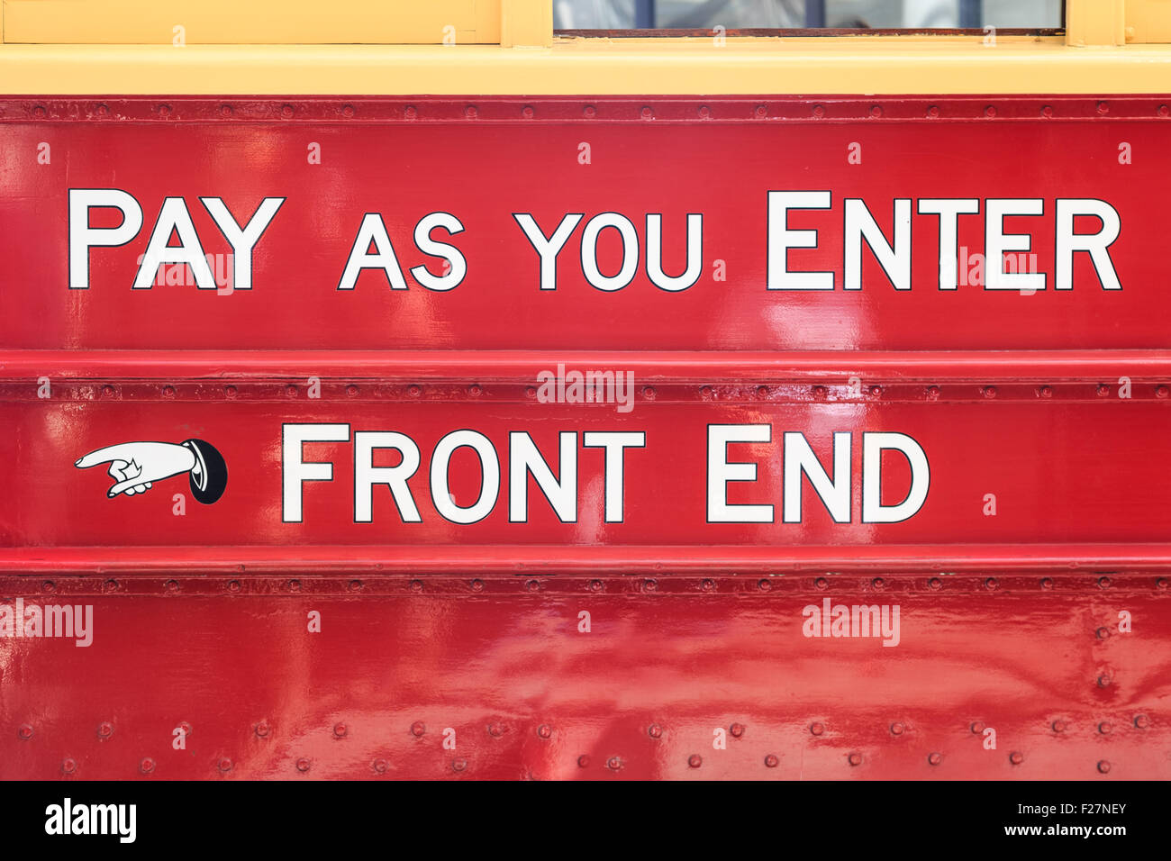Text on an old touristic tram in Christchurch, New Zealand: pay as you enter - front end Stock Photo