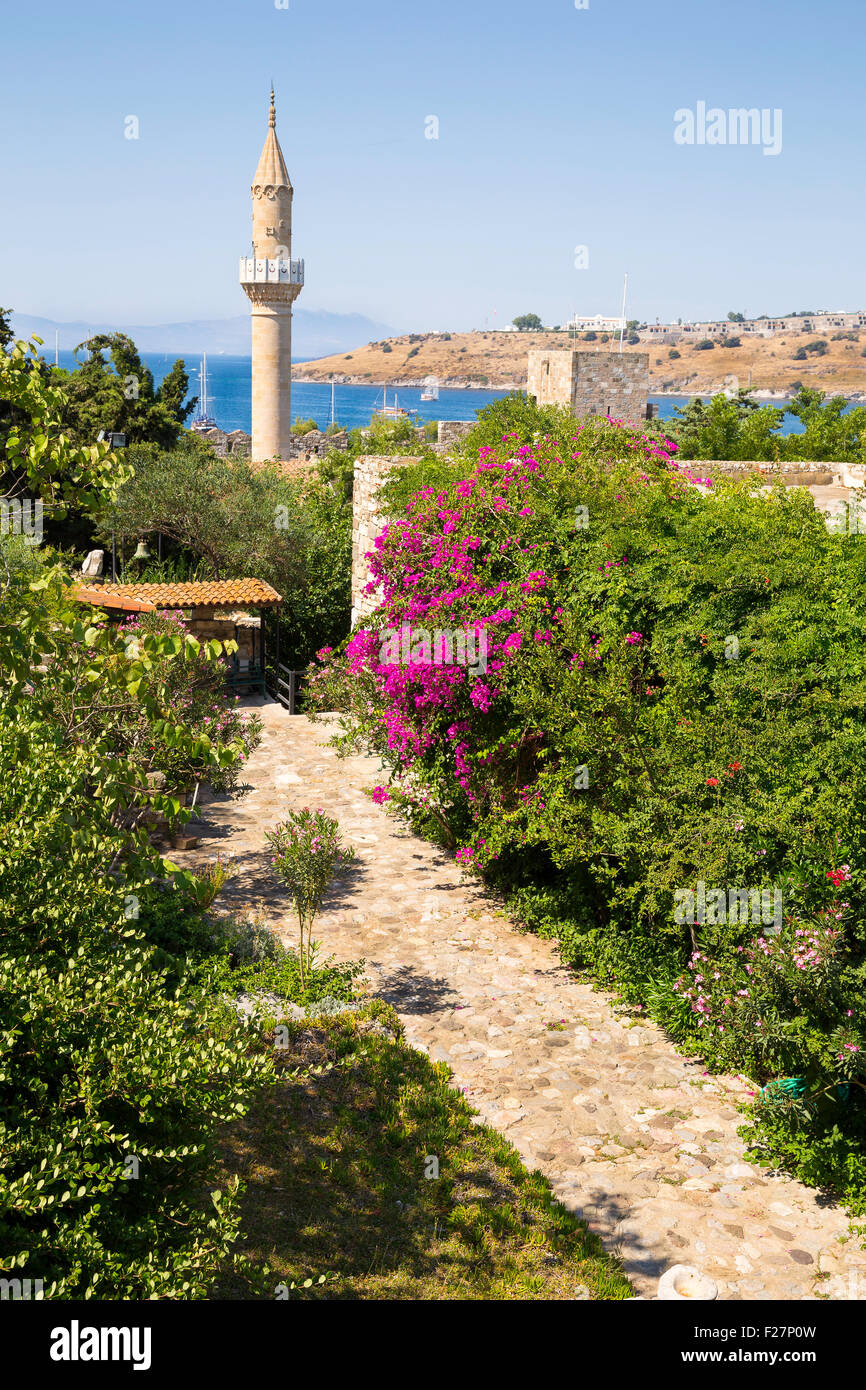 Flowery stone path to the old historical Mosque in Bodrum Castle Stock Photo