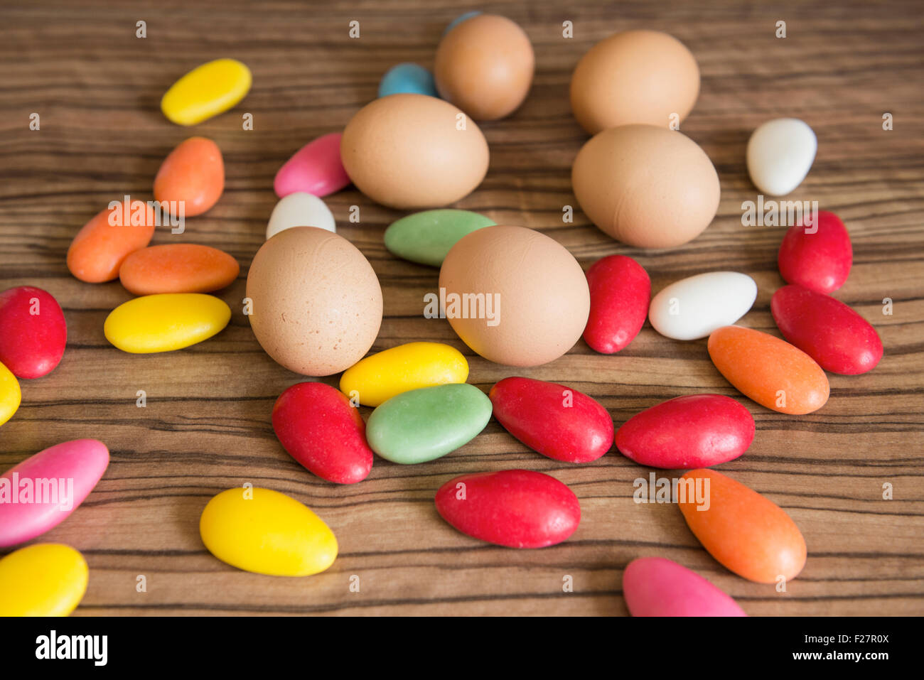 Close-up of easter eggs with colourful candies Stock Photo