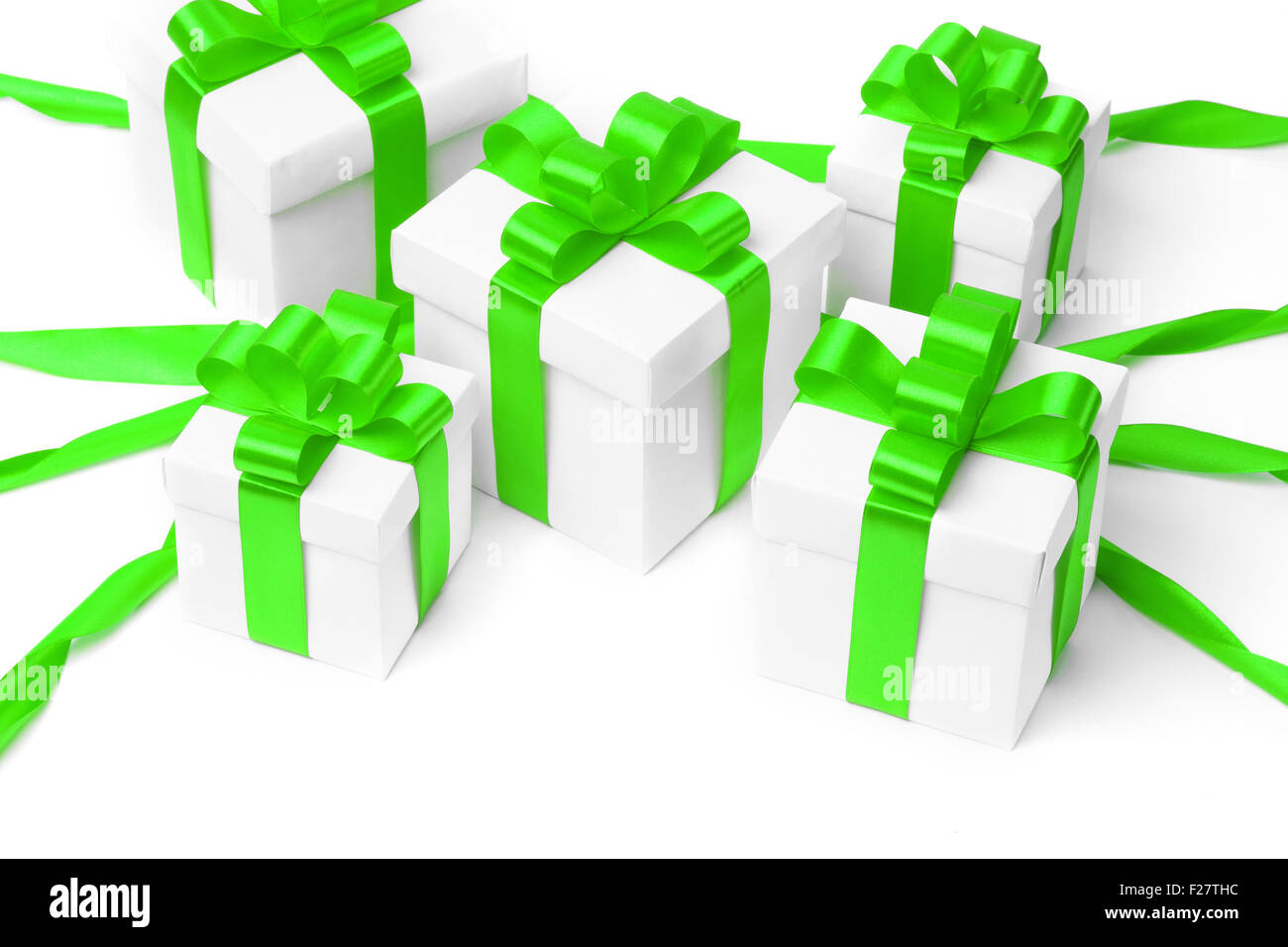 White gift box with green ribbon bow Stock Photo Alamy