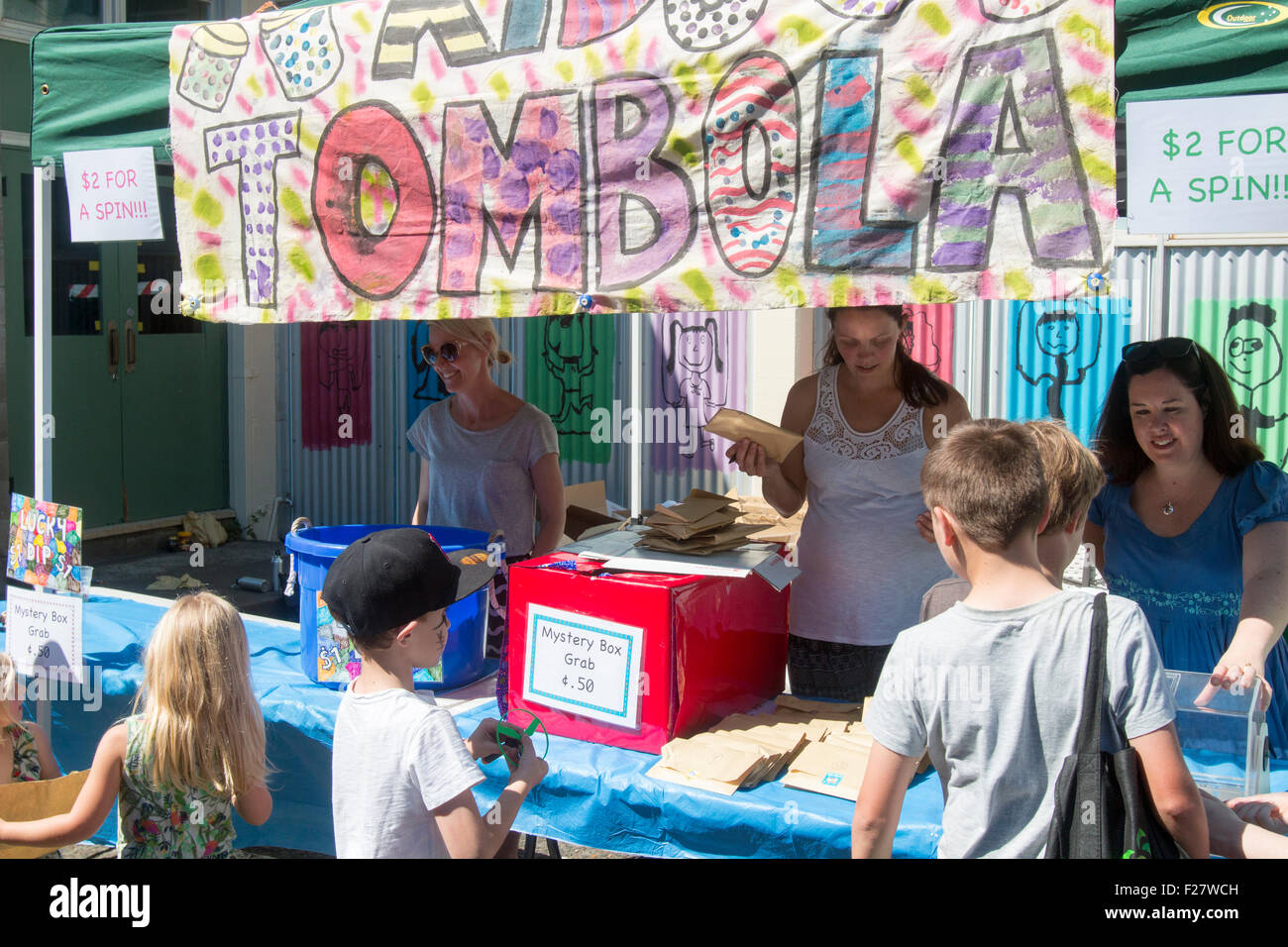 Tombola stall Sydney primary school hosts the local community fete fair to raise funds for the school,Avalon,Sydney,Australia Stock Photo
