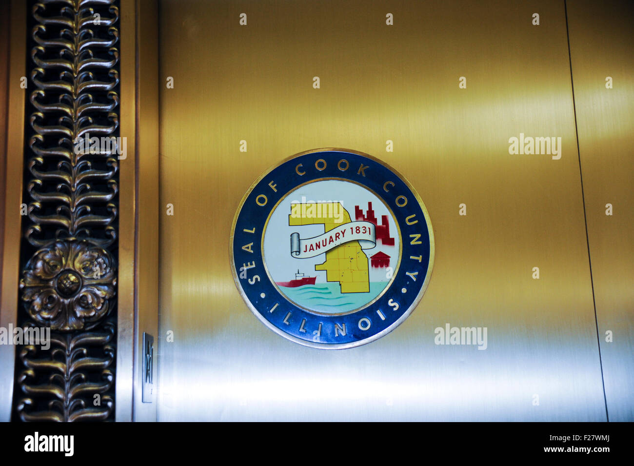 Interior of City Hall lobby, Chicago, Illinois. Cook County seal on