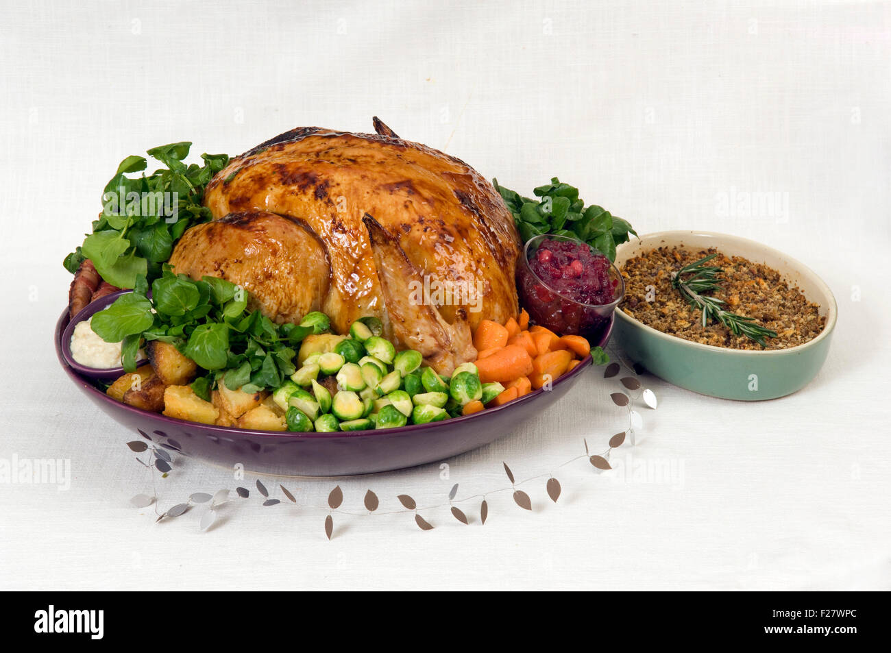 A Christmas roast turkey dinner with roast potatoes, chestnut stuffing, parsnips, cranberry sauce, bread sauce and vegetables.UK Stock Photo