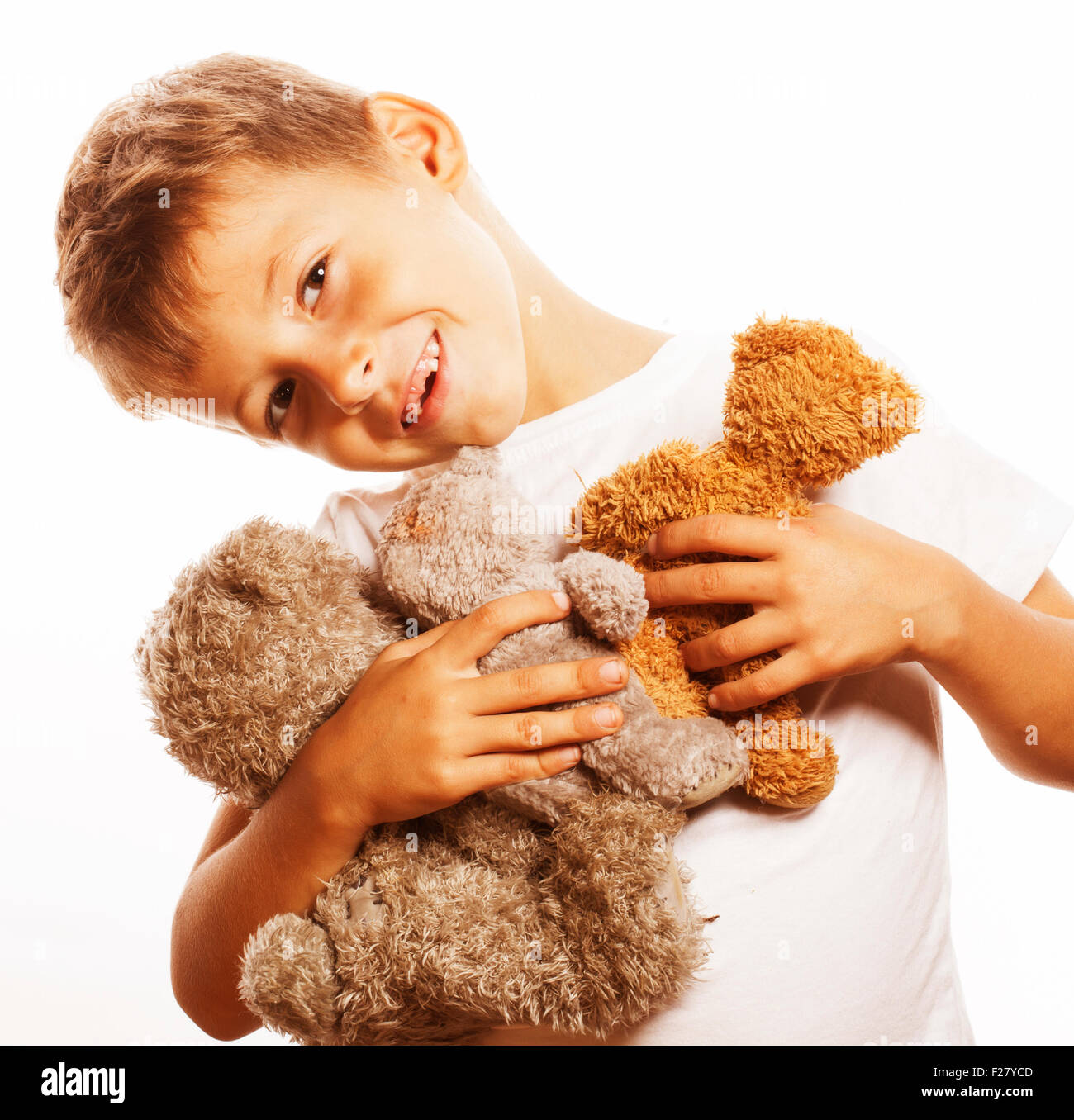little cute boy with many teddy bears hugging isolated Stock Photo - Alamy