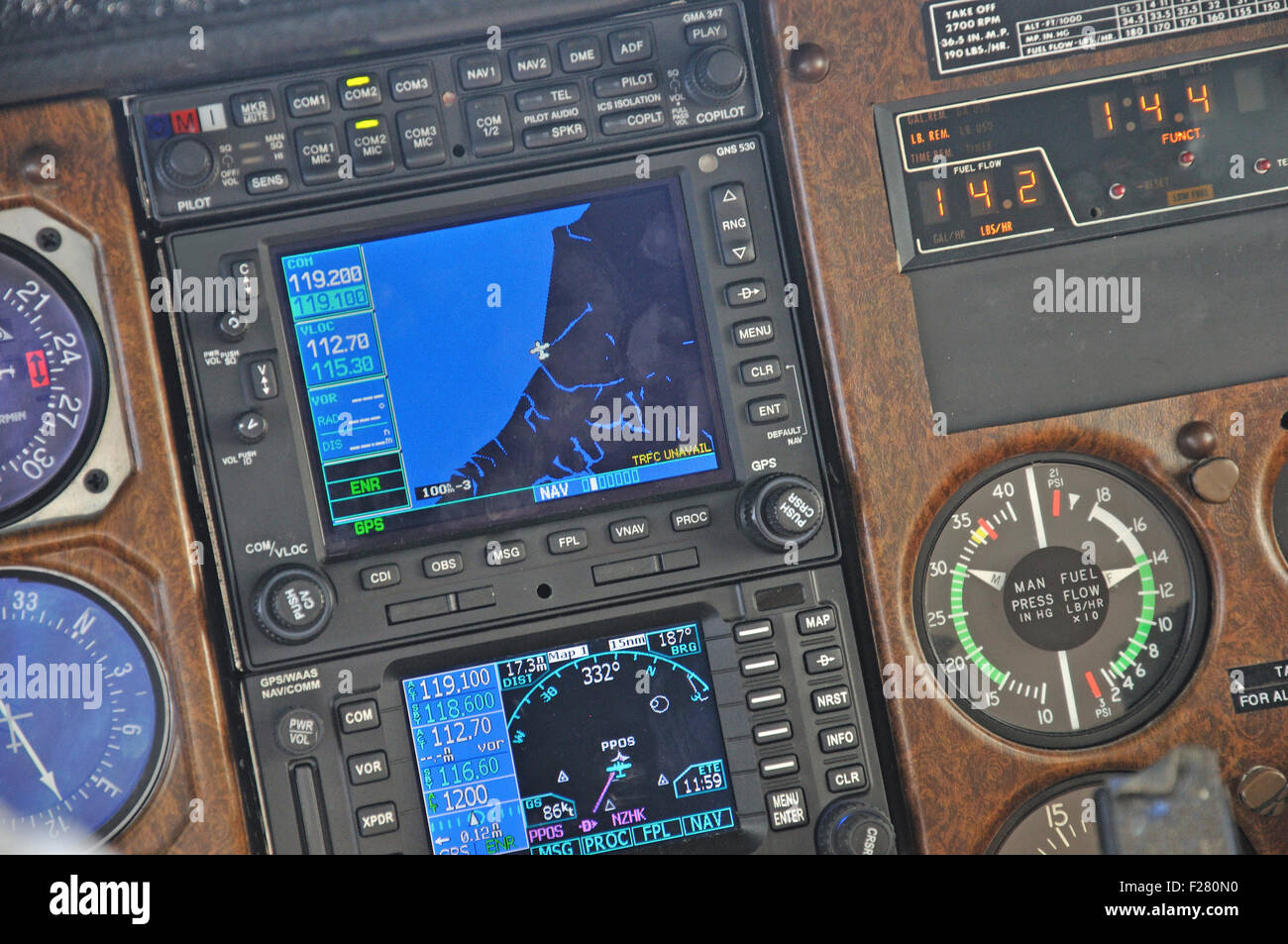 Instrument panel of a light aircraft showing approach to Greymouth, New Zealand Stock Photo