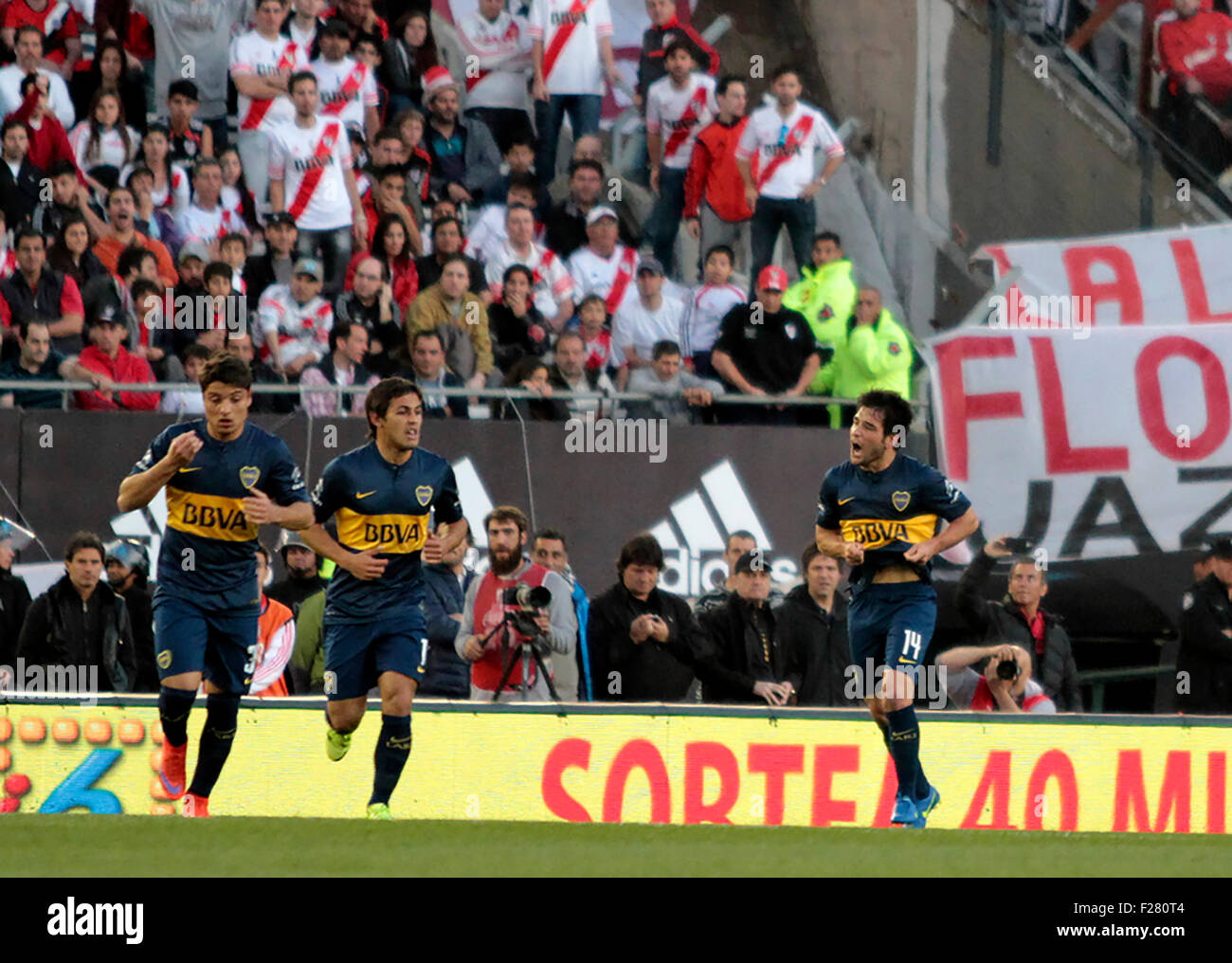 Buenos Aires, Argentina. 13th Sep, 2015. RIVER PLATE X BOCA JUNIORS - Nicolás Lodeiro of Boca Juniors celebrates his goal during the derby with River Plate for the 24th round of Argentinian Soccer Championship in  Monumental Stadium. Credit:  Néstor J. Beremblum/Alamy Live News Stock Photo