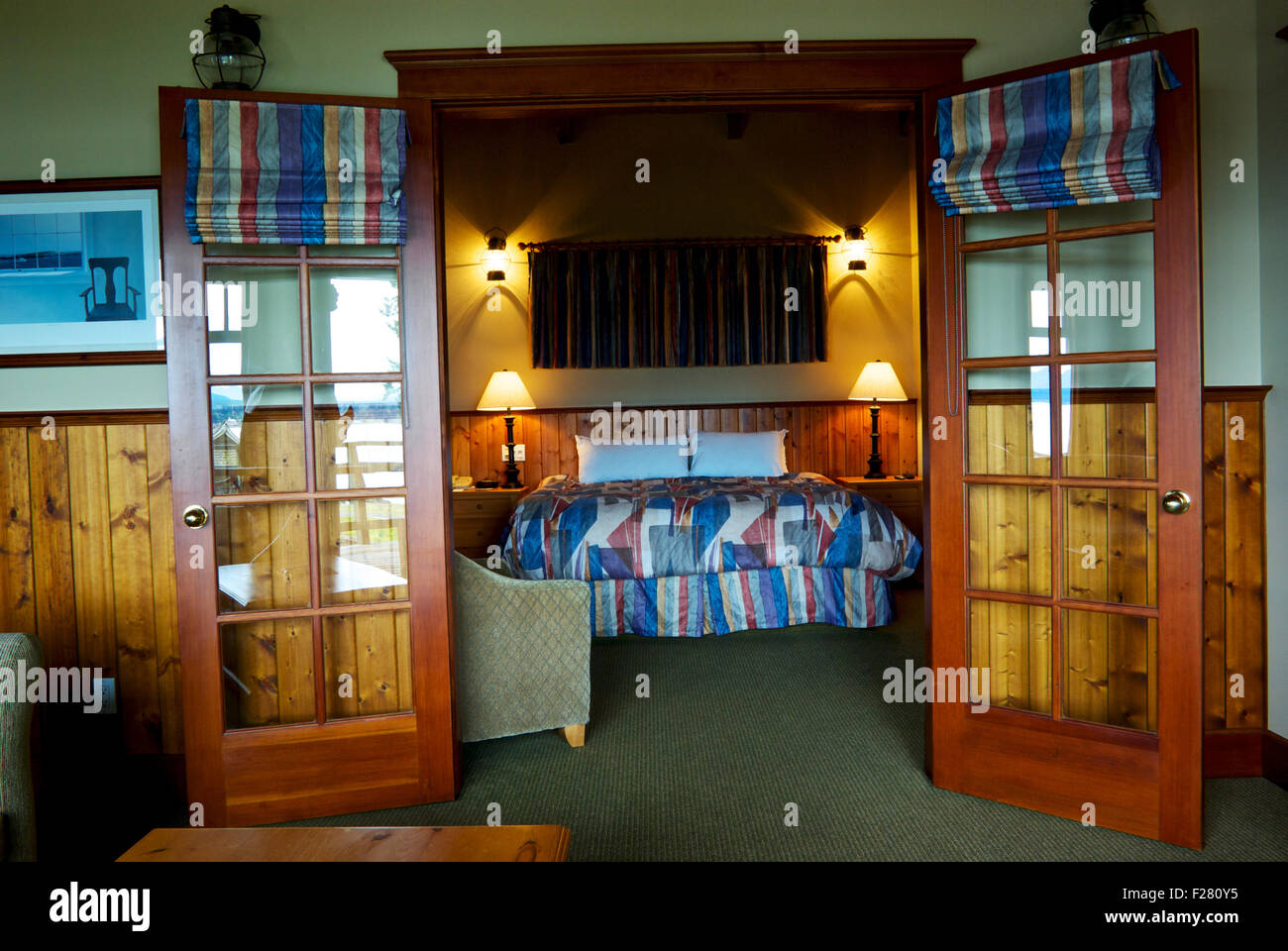 Bedroom guest suite 121 April Point Resort Quadra Island BC Canada Stock Photo