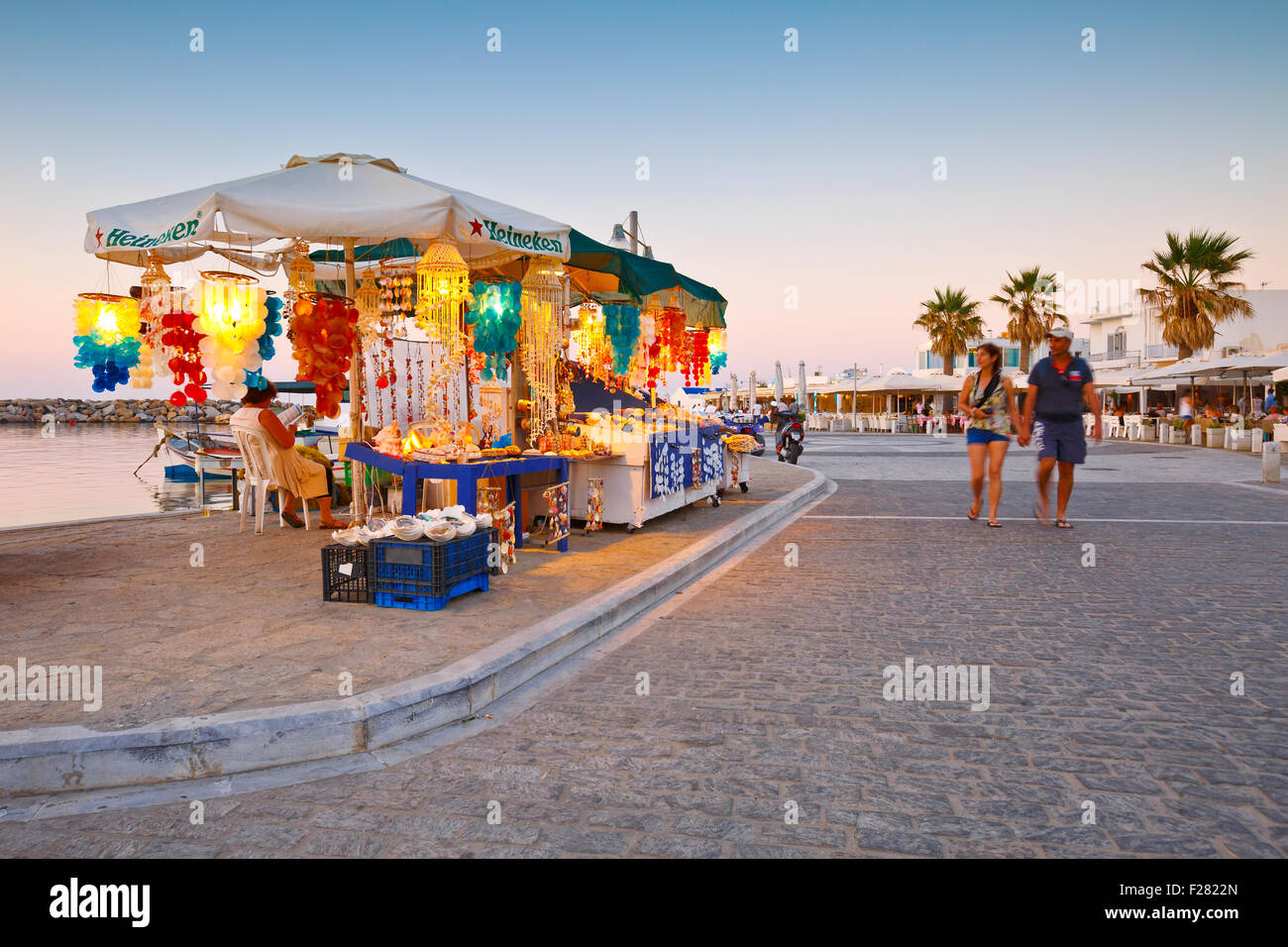 Stand with souvenirs in the port of Naousa village on Paros island